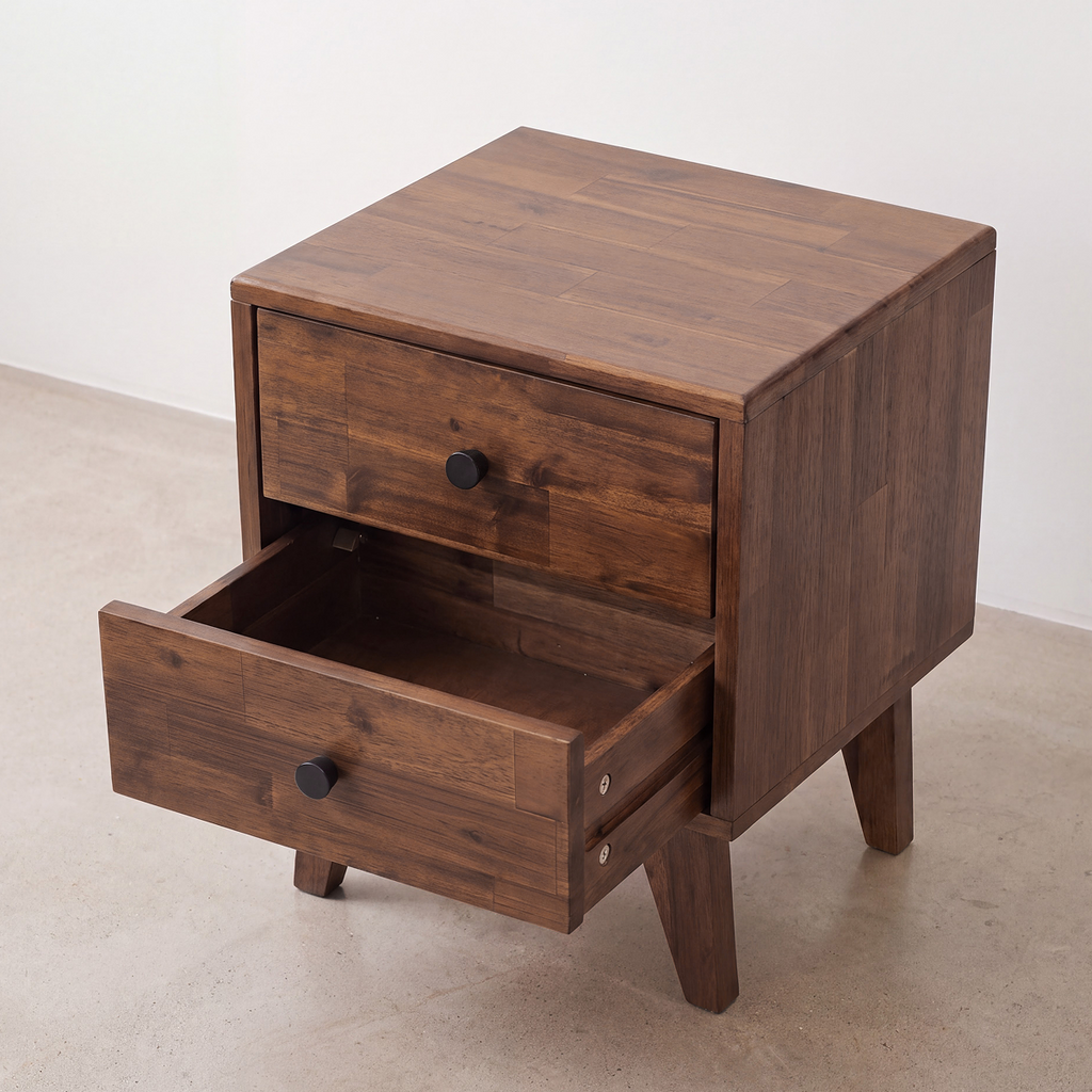 Solid wood nightstand with one drawer pulled open and a round knob on the front.