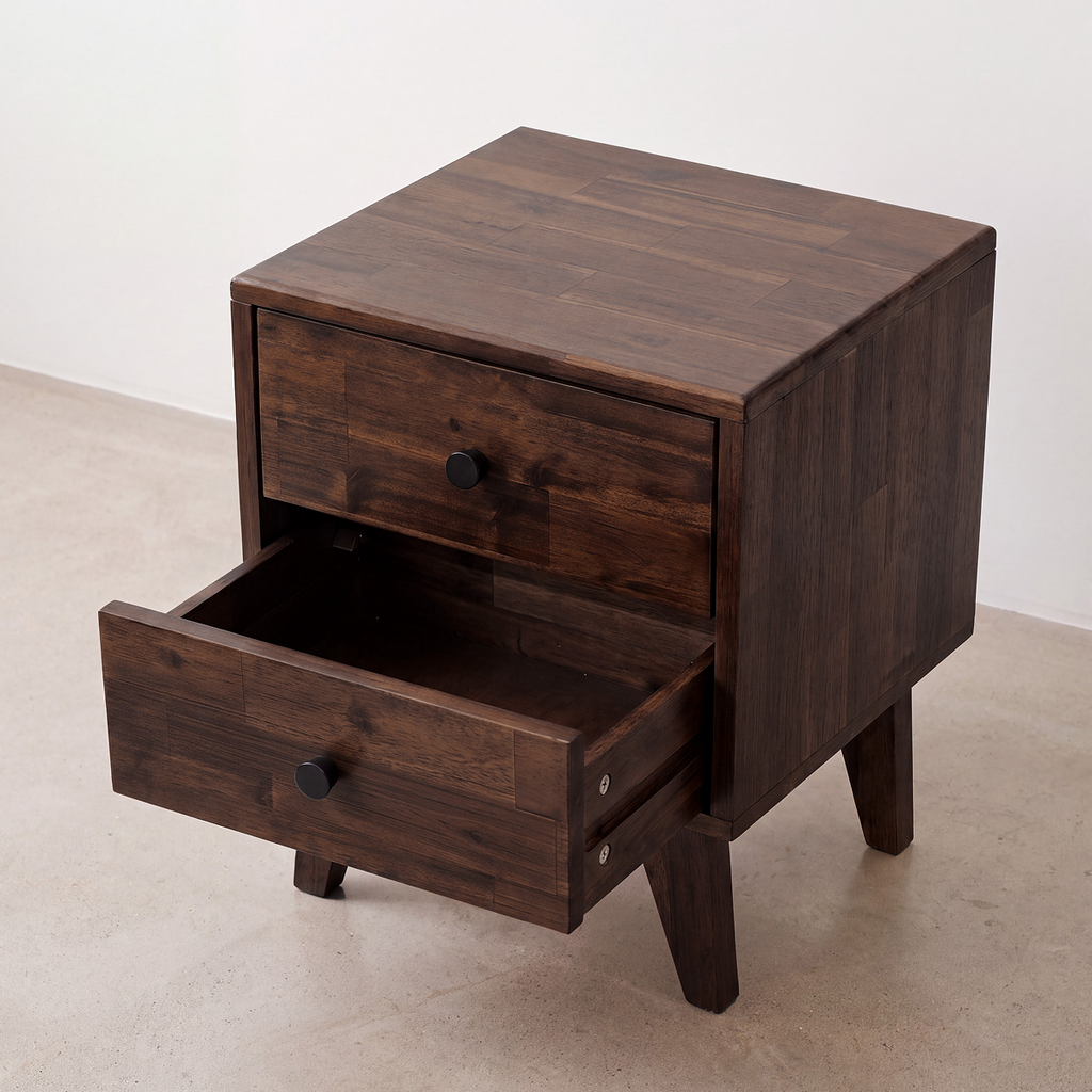 Solid wood nightstand with open top drawer and round knob on lower drawer