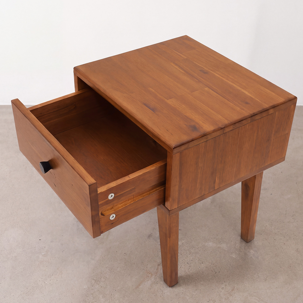 Solid wood nightstand with open drawer and side pull-out storage bin