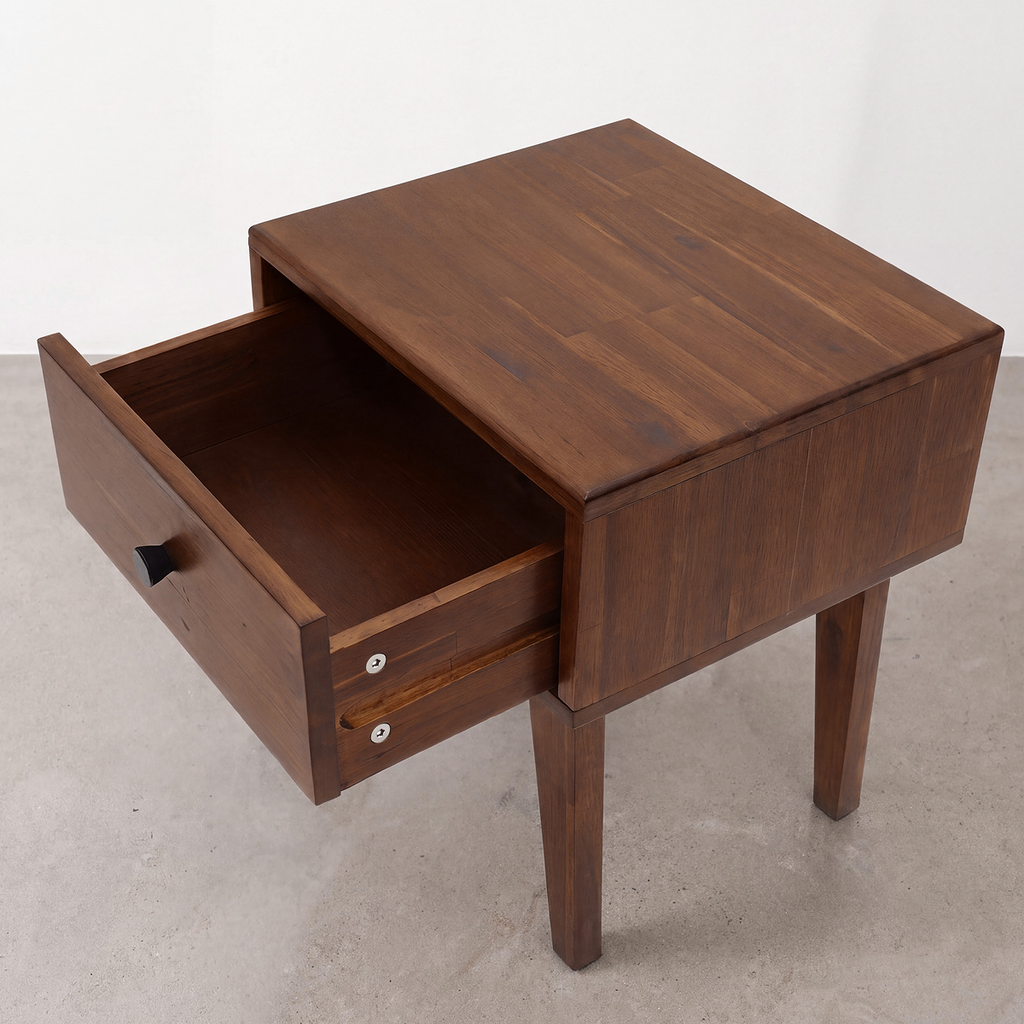 Wood nightstand with side drawer open, black lever pull, and solid block legs
