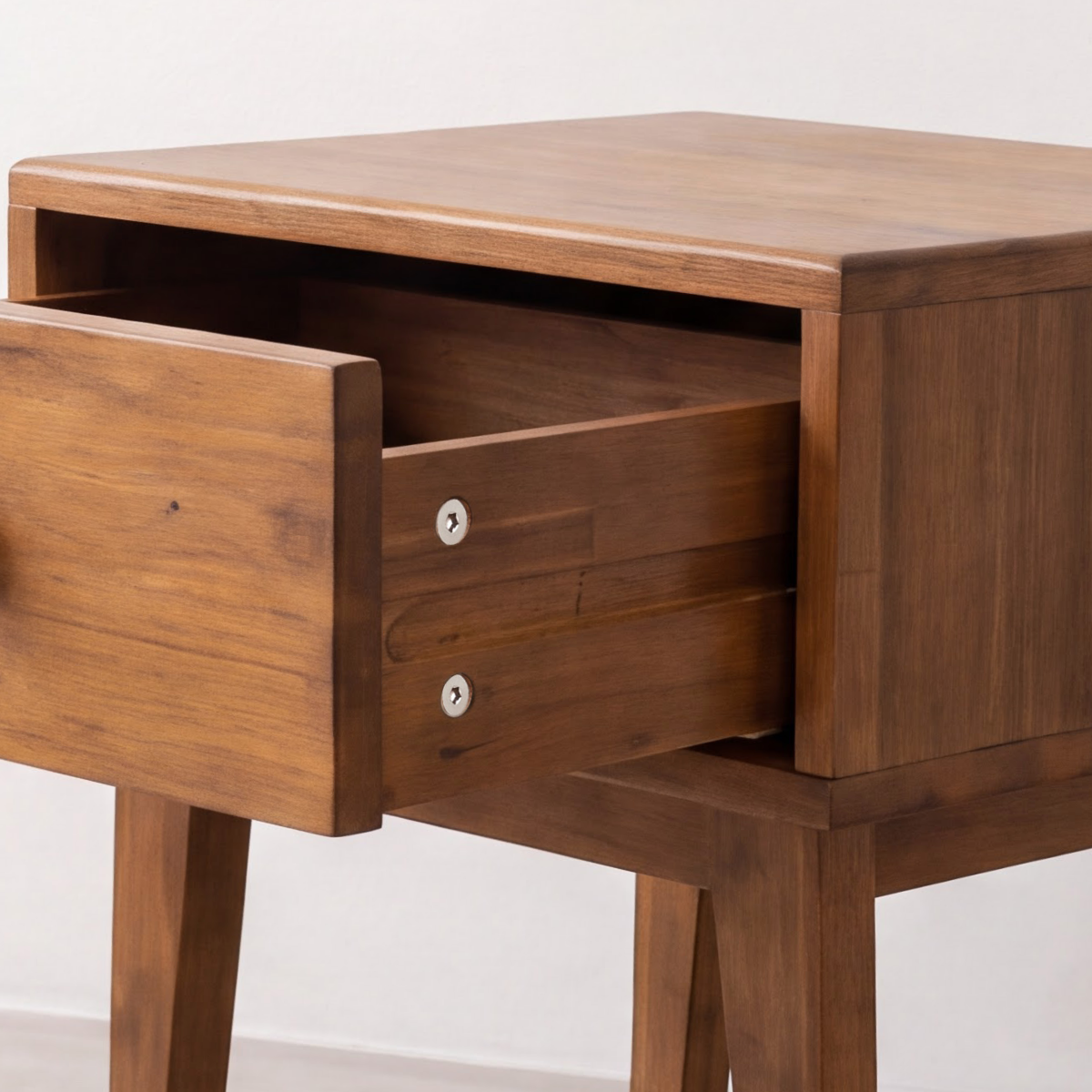 Solid wood nightstand with open drawer showing interior storage space