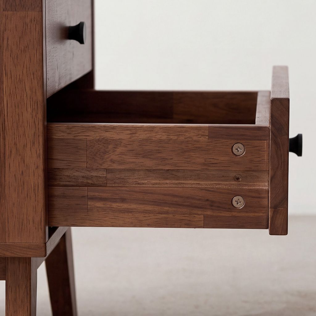 Close-up of solid wood nightstand drawer interior with side handle and metal hardware.
