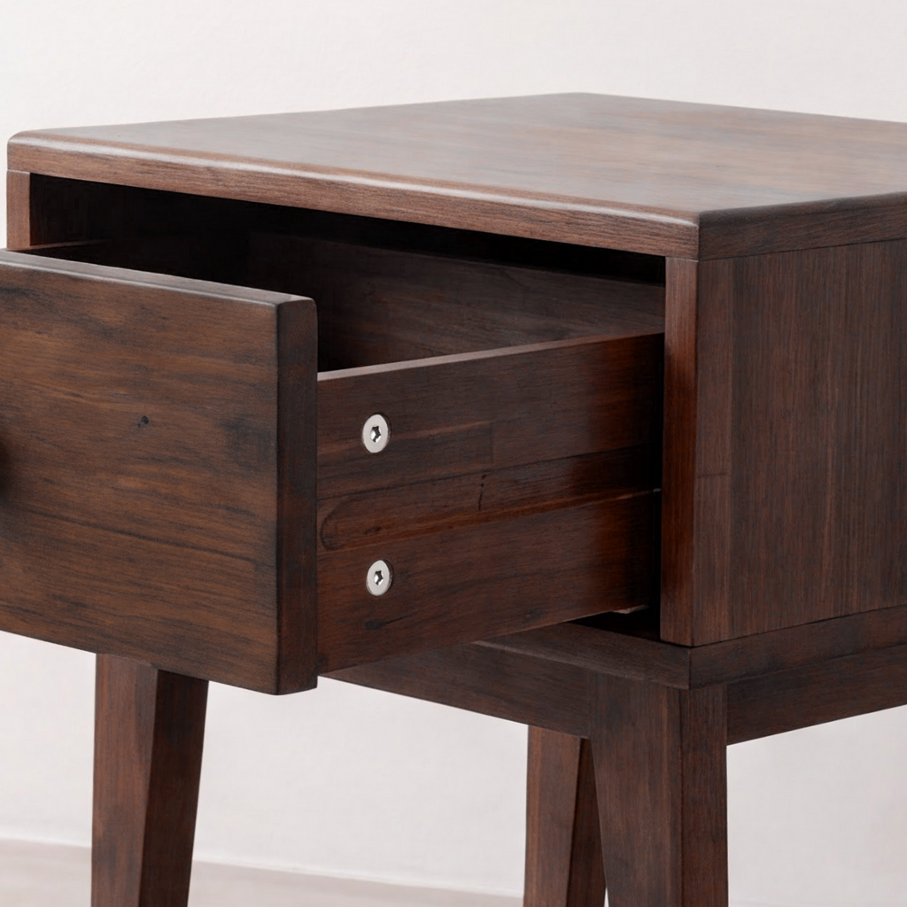 Solid wood nightstand with open drawer showing two compartments and hardware