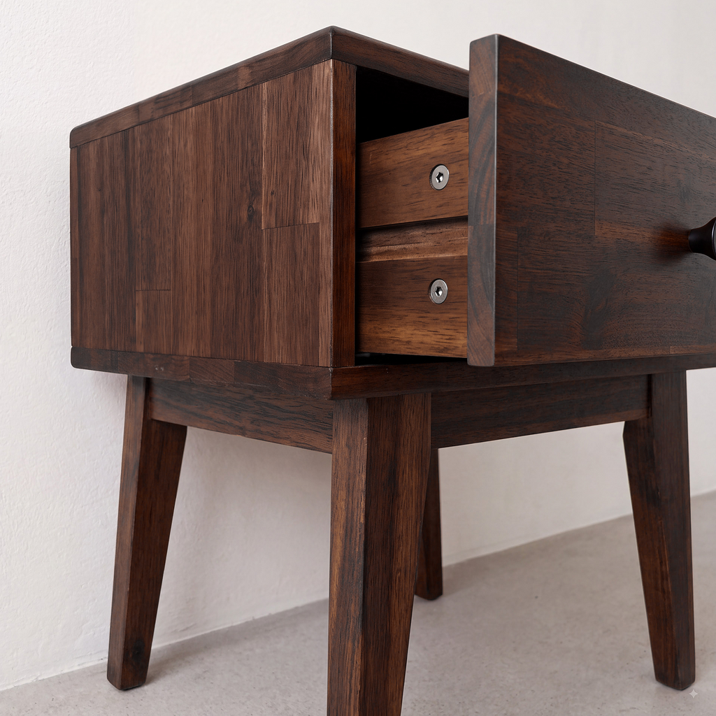 Solid wood nightstand with open drawer and visible inner shelf, side angle view