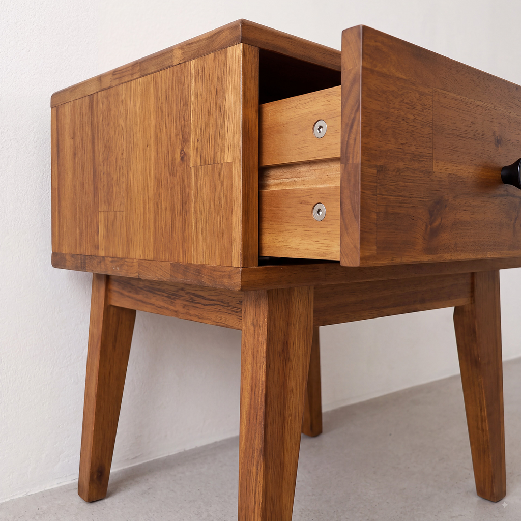 Solid wood nightstand interior view with two-tier drawer compartments
