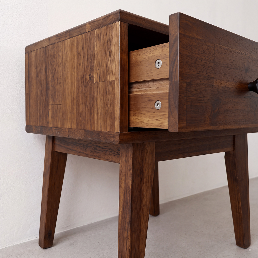 Wood nightstand with open side panel showing storage shelves and two drawers