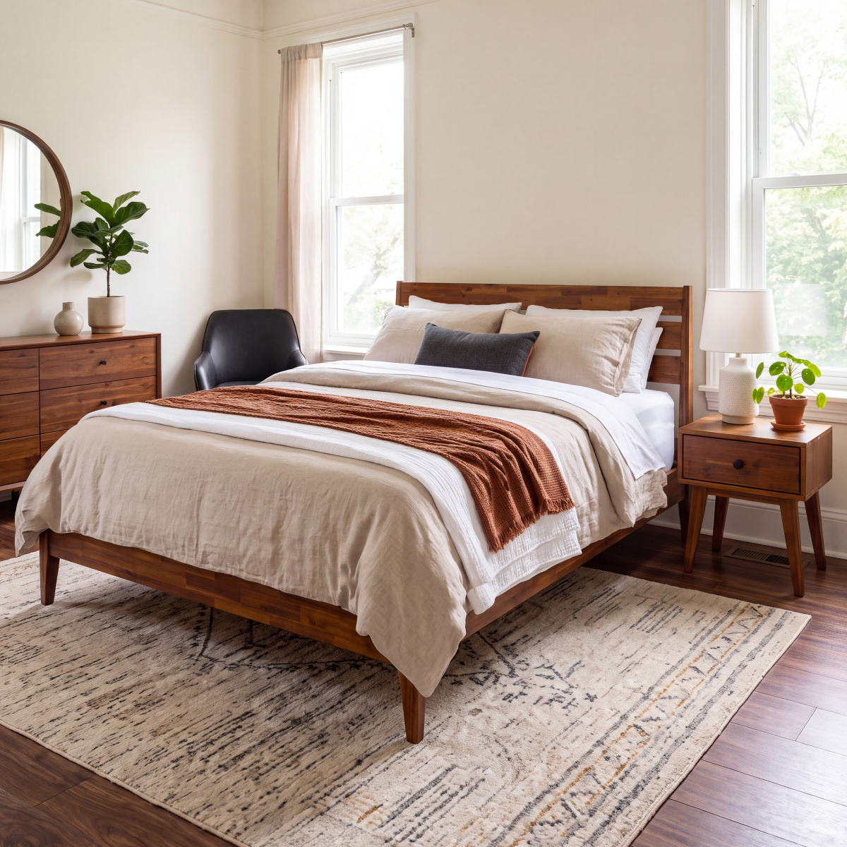 Solid wood nightstand with one drawer and round knob, shown beside the bed