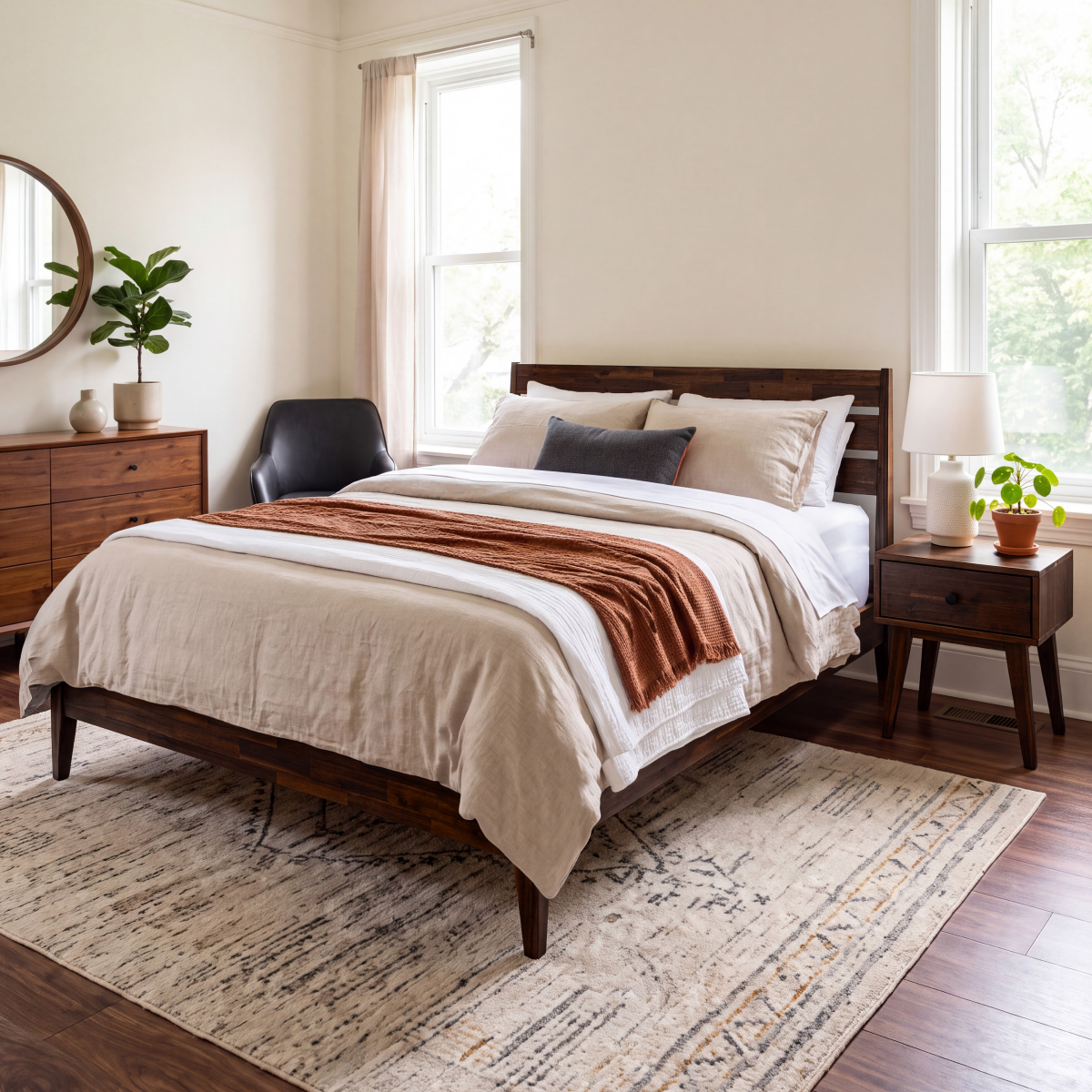 Walnut wood nightstand with one drawer and curved legs, holding a table lamp