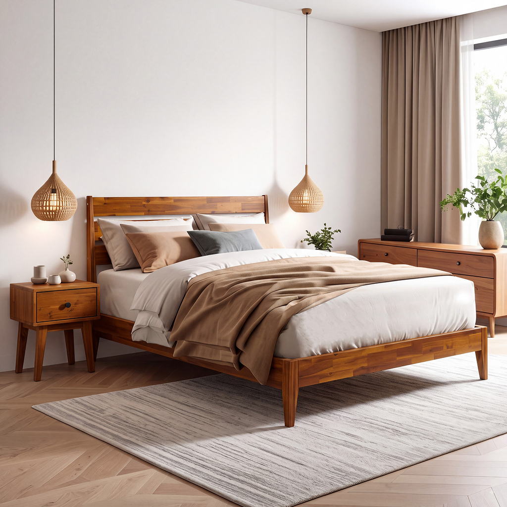 Solid wood nightstand with one drawer and round knob, warm wood finish