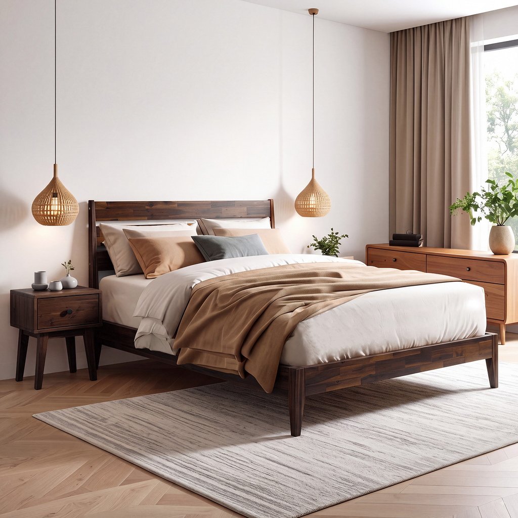 Solid wood nightstand with one drawer and round knob, styled beside the bed