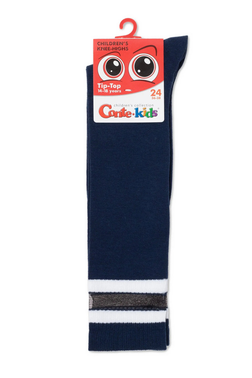 Kids knee-high cotton socks, dark blue with white stripe cuff, shown on packaging