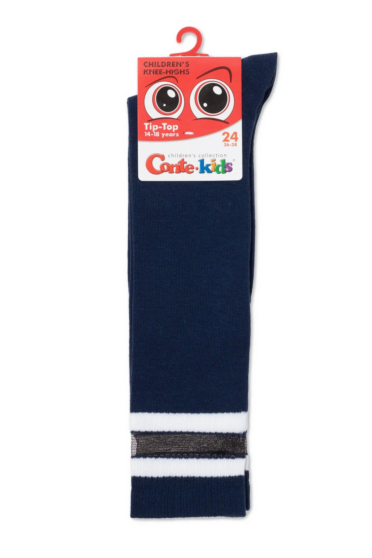 Kids knee-high cotton socks, dark blue with white stripe cuff, shown on packaging