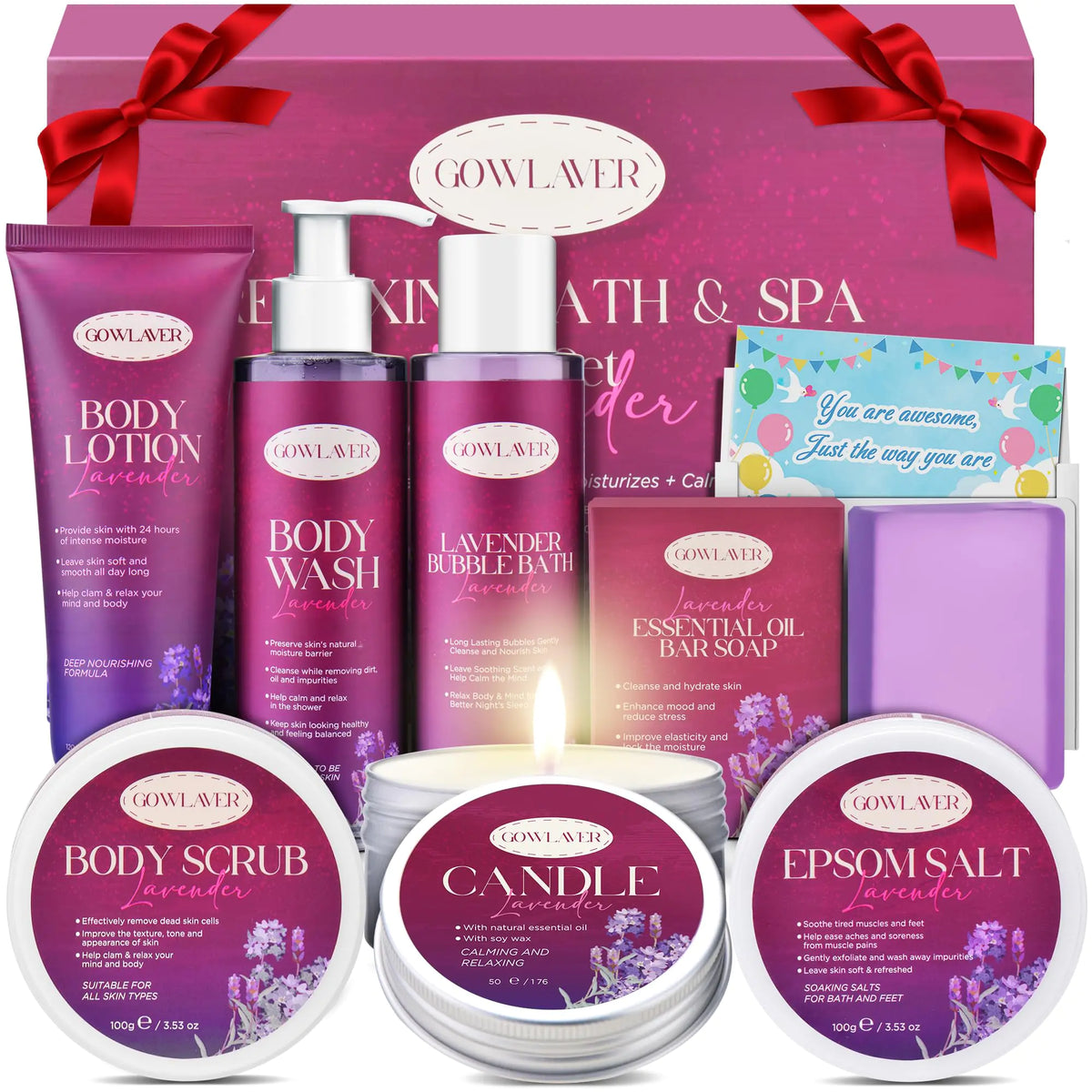 Lavender bath set in ribbon box with lotion, bubble bath, bar soap, salts, scrub, candle