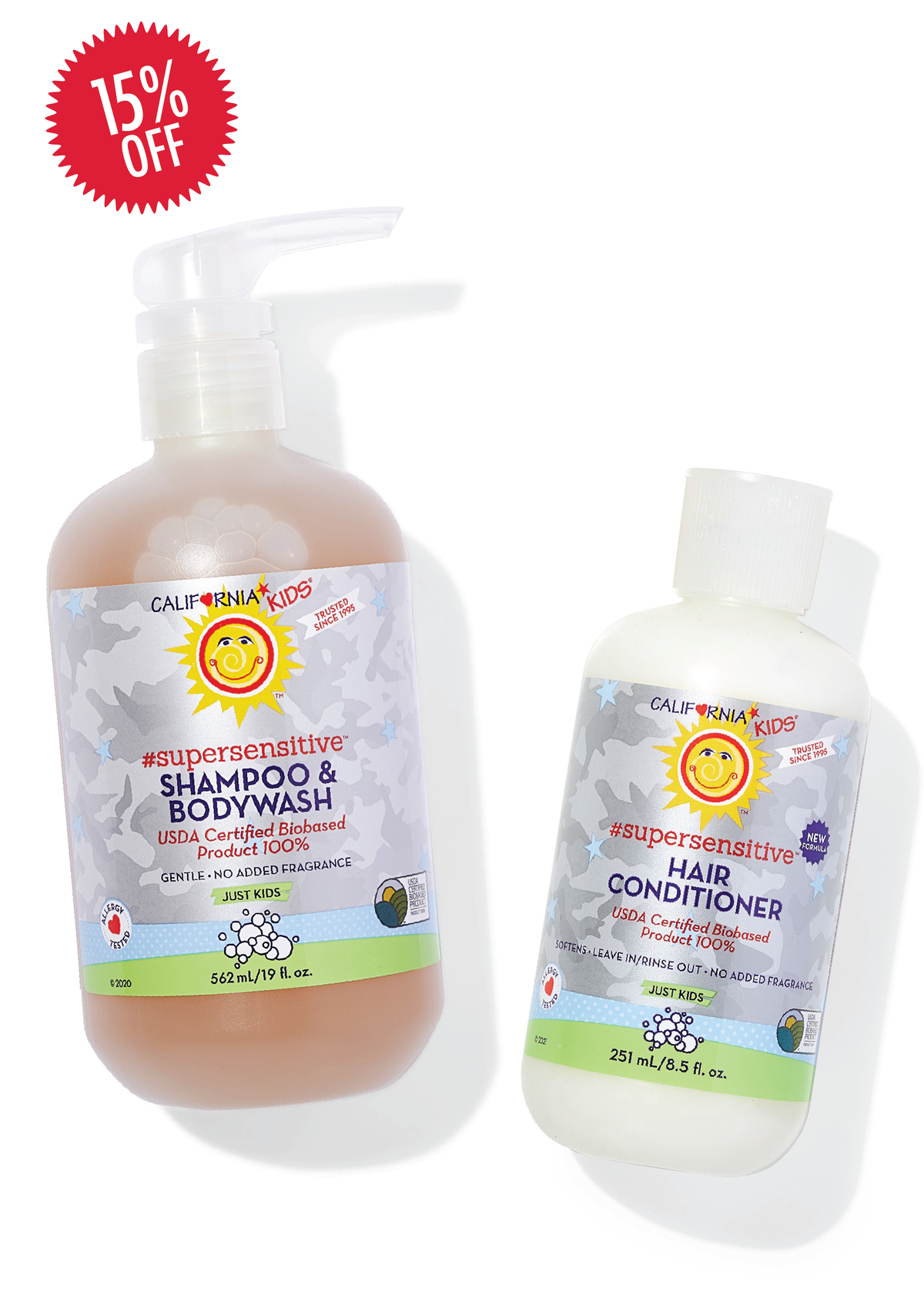 Kids fragrance-free shampoo and conditioner bottles with pump, labeled for sensitive hair
