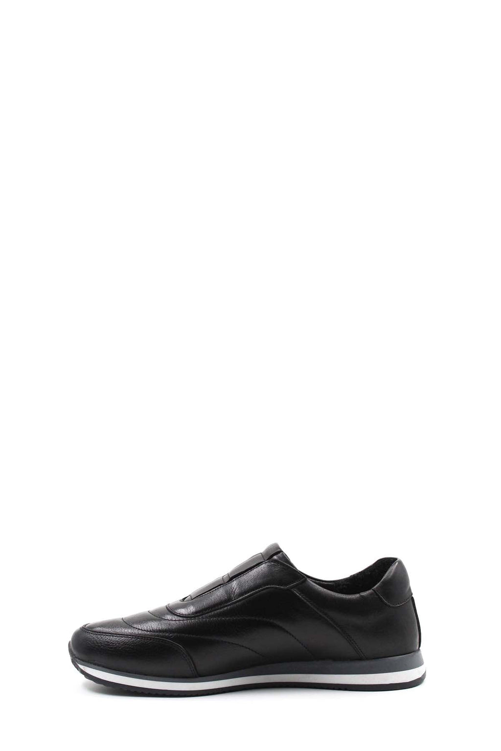 Black leather low-top sneakers with contrast sole, front three-quarter view.
