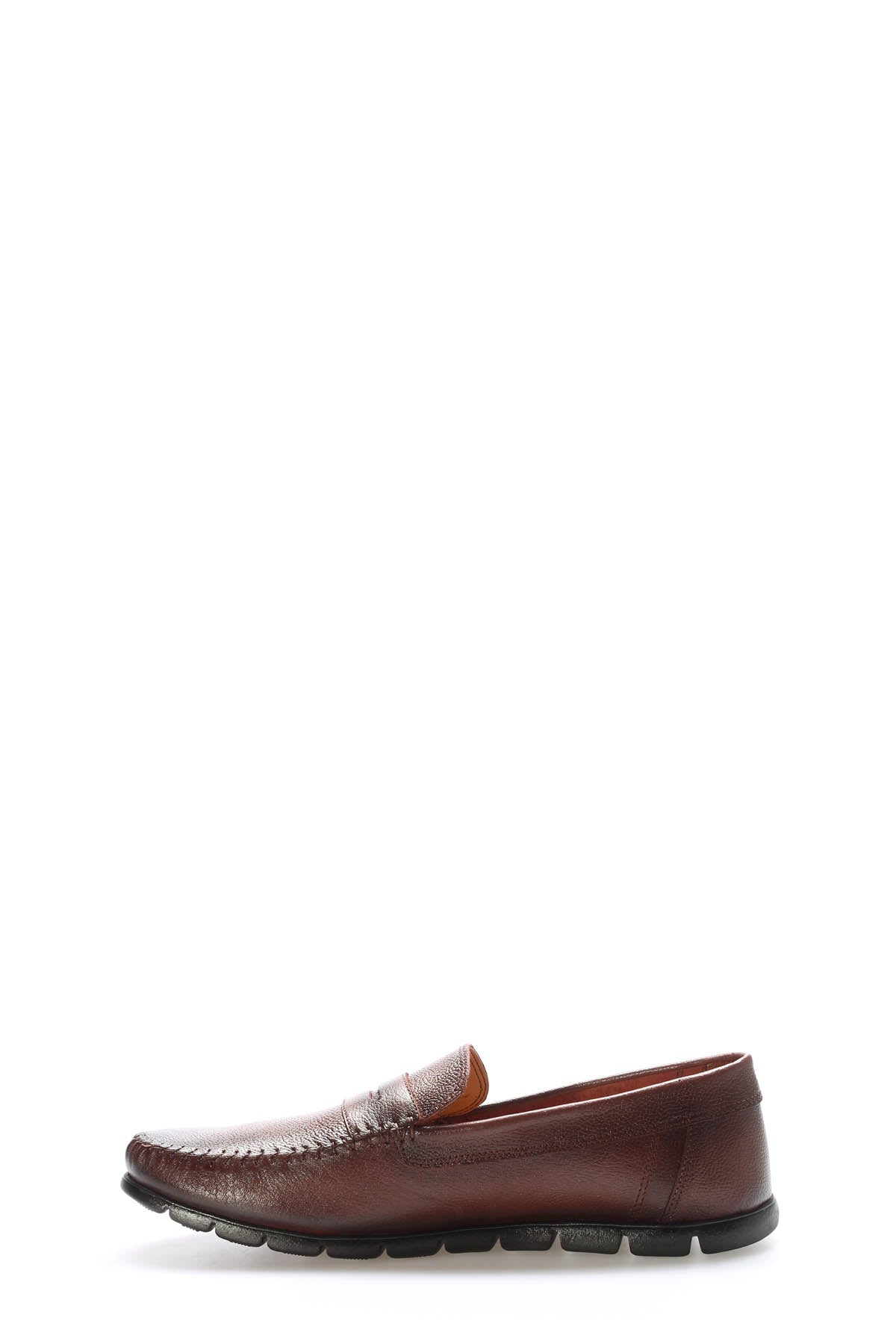 Brown and silver leather penny loafers, side profile