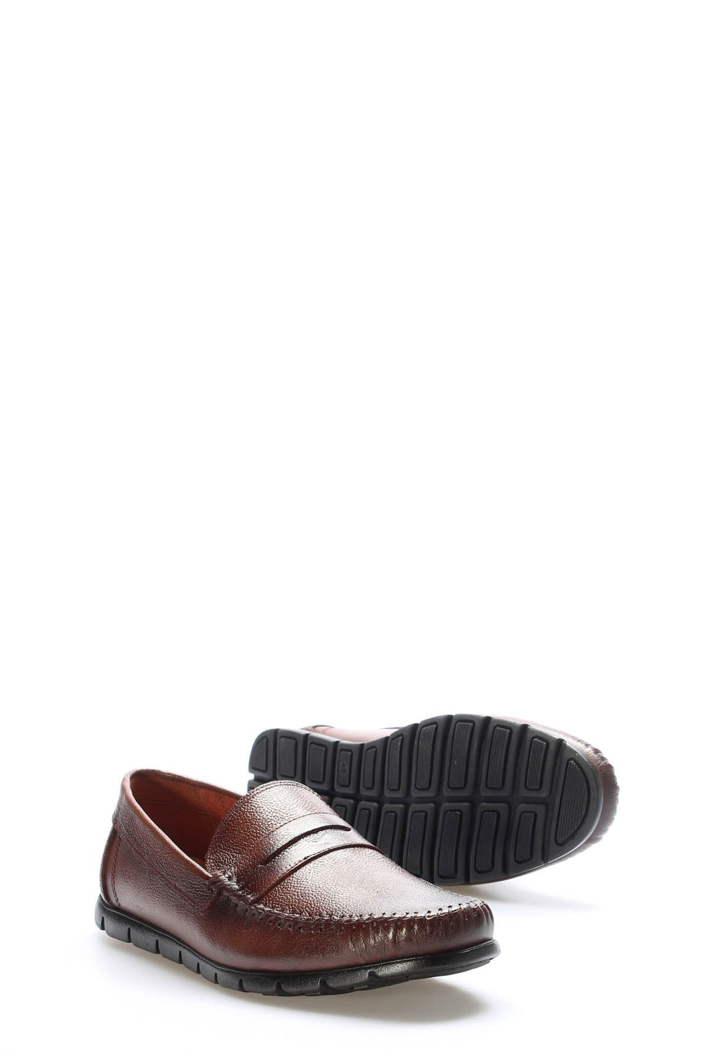 Brown and silver leather penny loafers with treaded rubber outsole