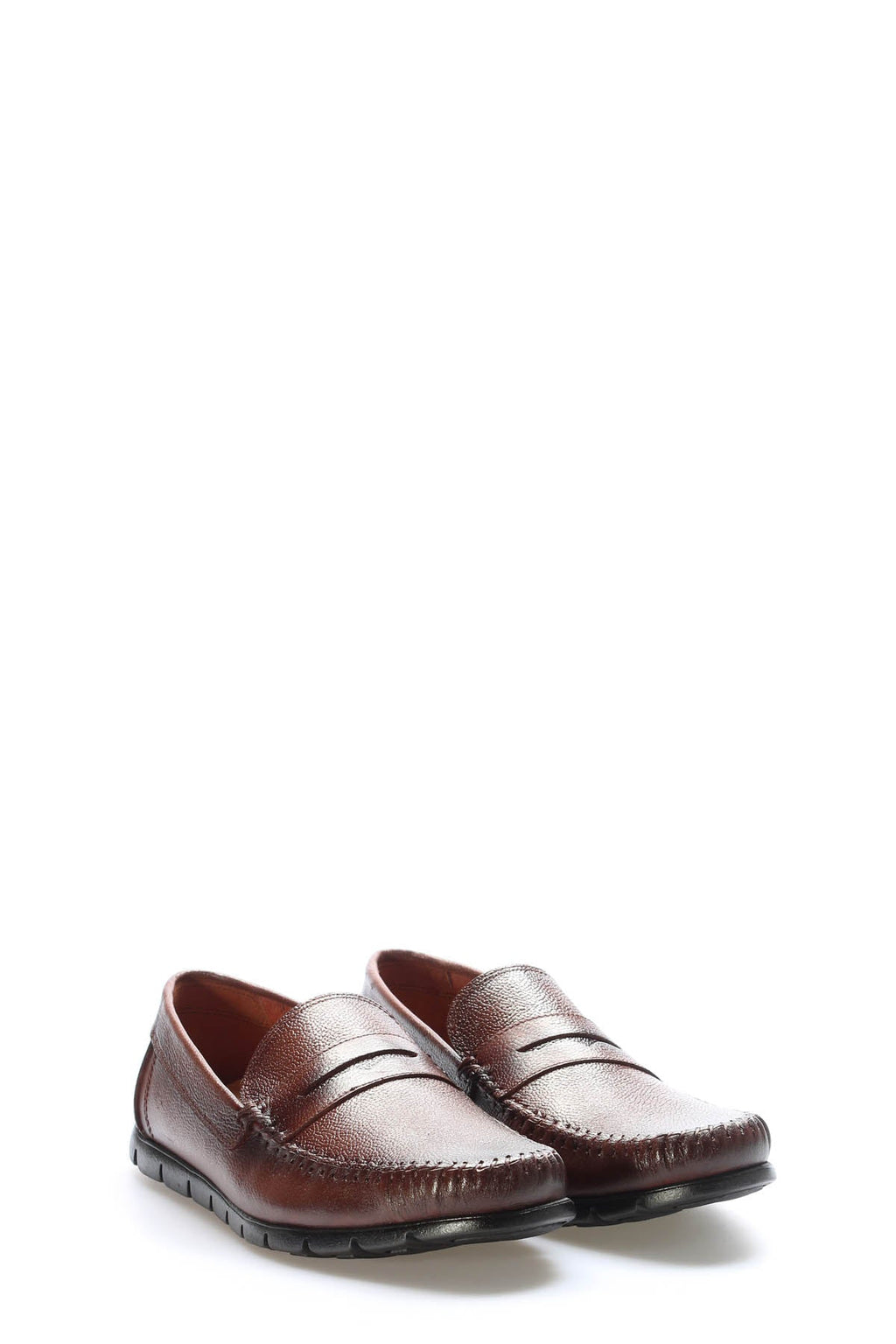Two-tone brown and silver leather penny loafers, front angle