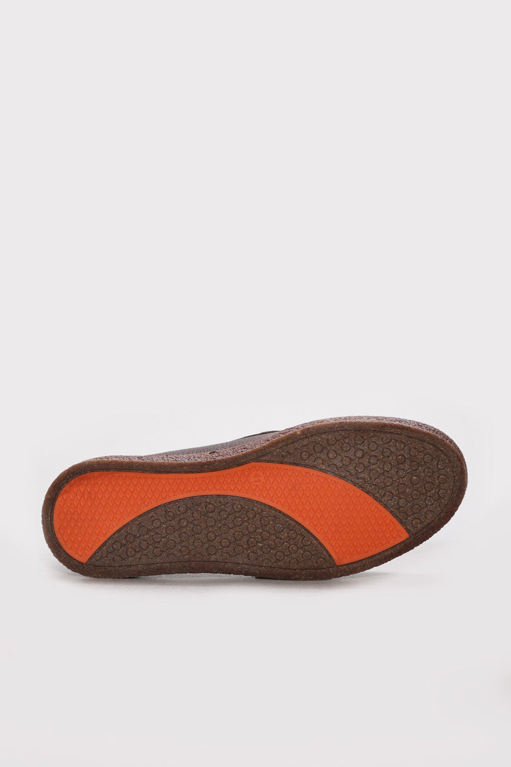 Men's dark brown casual shoes outsole with patterned tread and orange panels