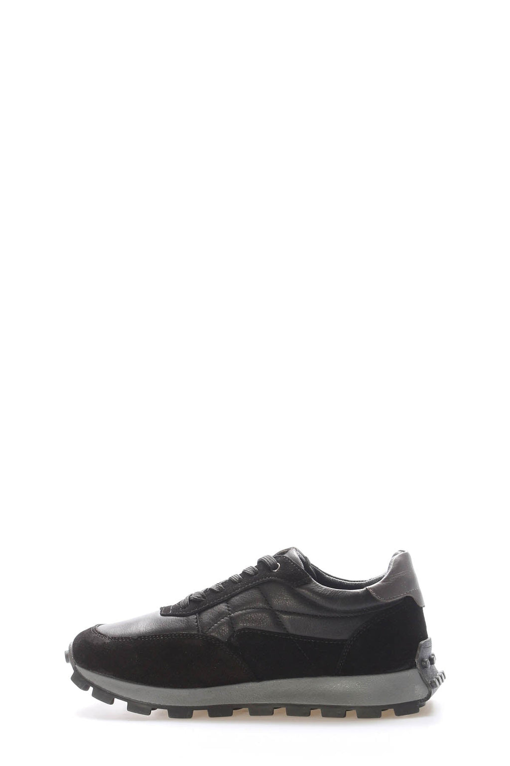 Black leather lace-up sneaker, front 3/4 view, textured upper and lug sole