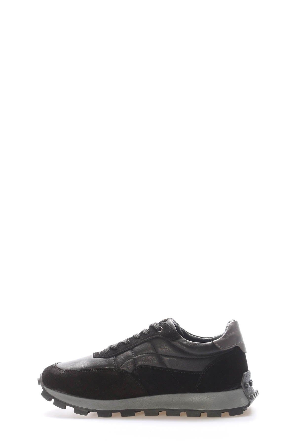 Black leather lace-up sneaker, front 3/4 view, textured upper and lug sole