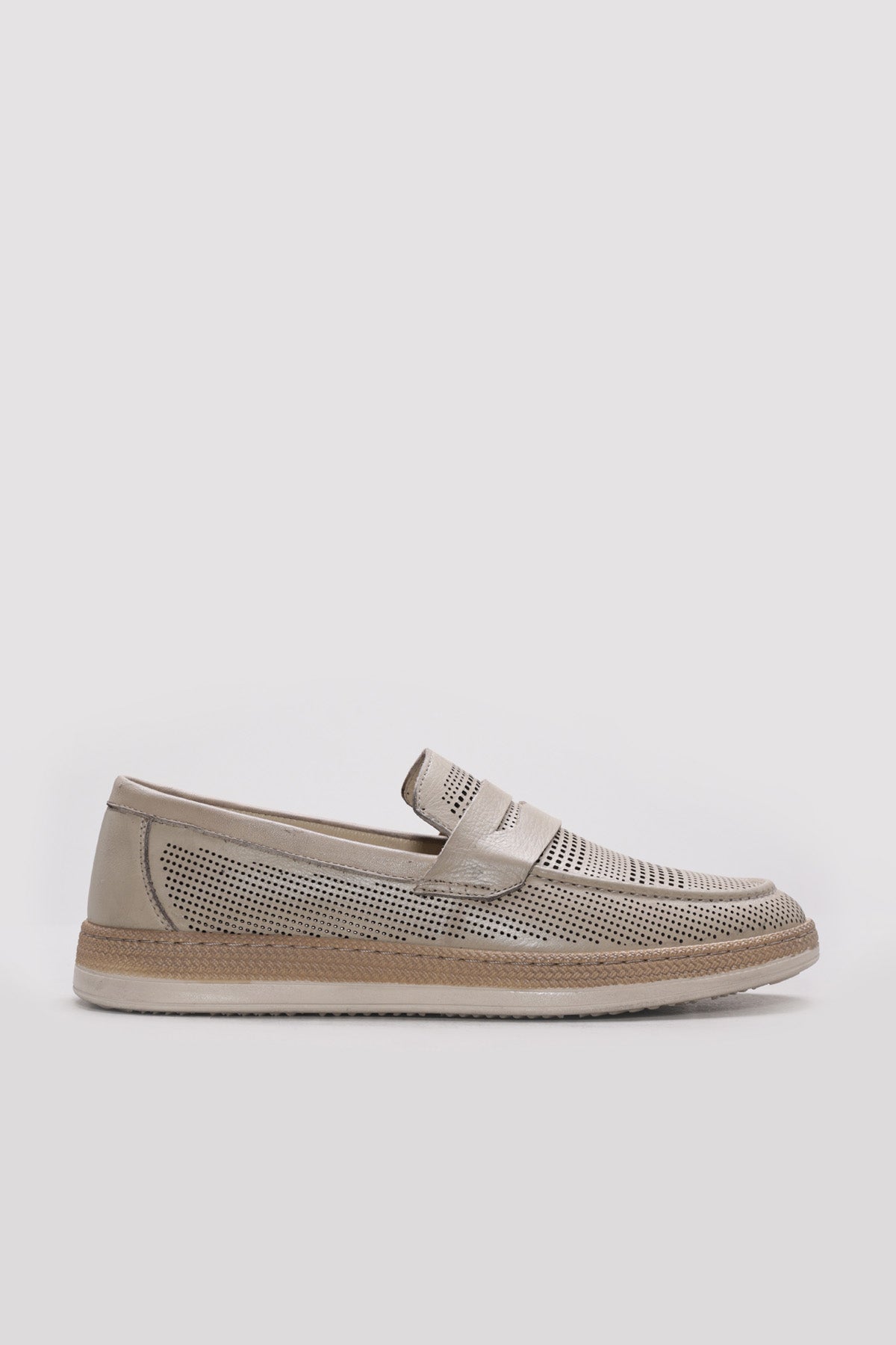 Beige perforated leather men’s loafer with slip-on strap and cushioned sole