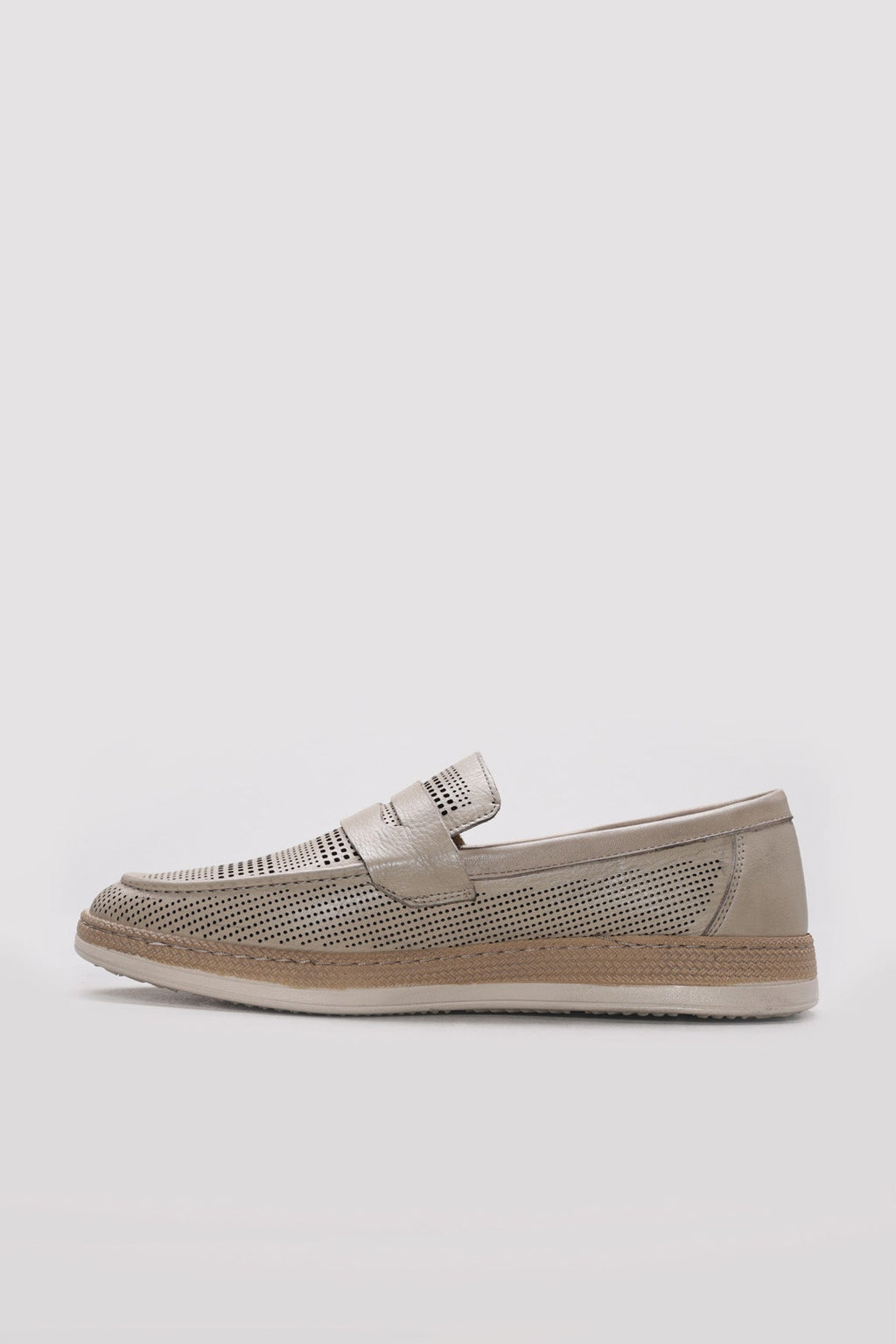 Beige perforated leather slip-on loafer with contrasting strap detail