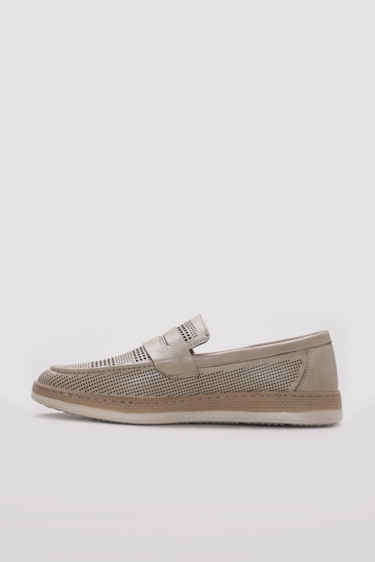 Beige perforated leather slip-on loafer with contrasting strap detail