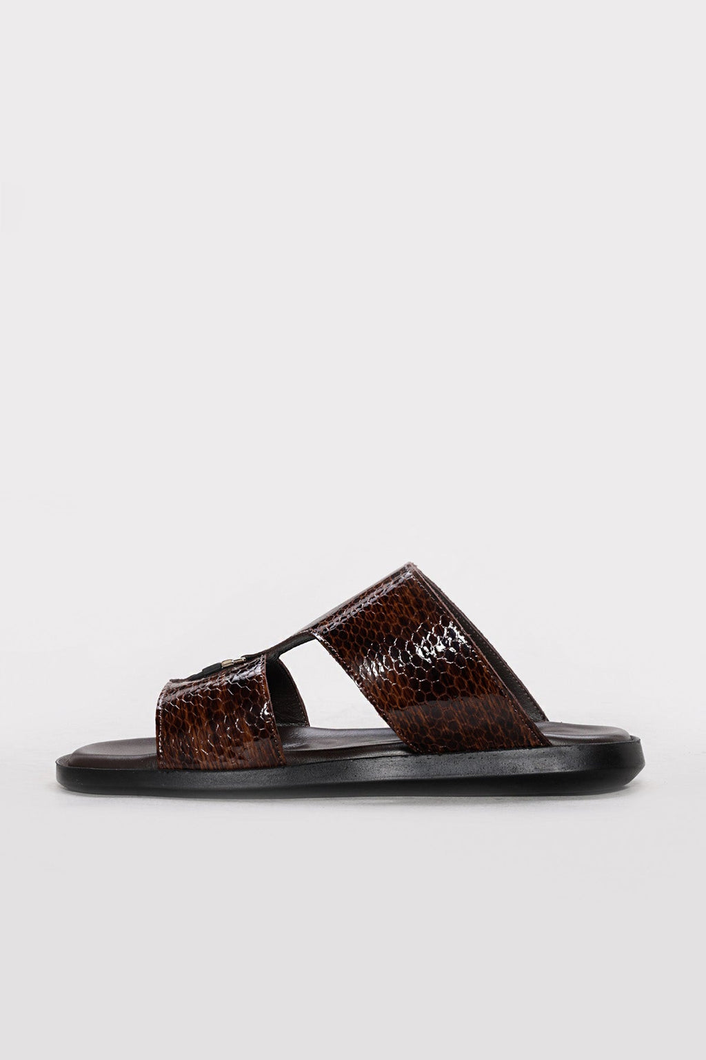 Brown reptile-textured leather double-band slides, open toe, black slide sole