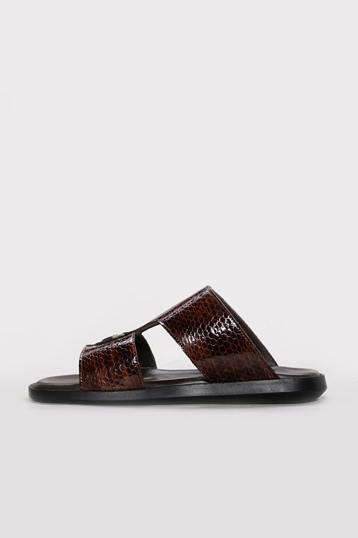 Brown reptile-textured leather double-band slides, open toe, black slide sole
