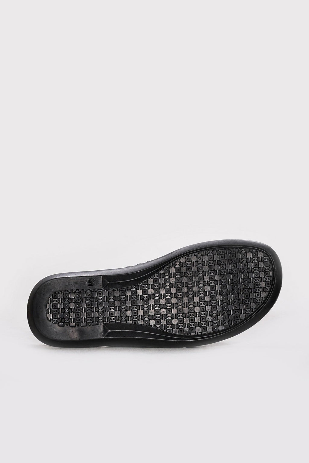 Black rubber outsole with textured pattern for brown leather double-band slides