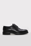 Men's black leather dress shoes with perforated toe, lace-up design, textured upper