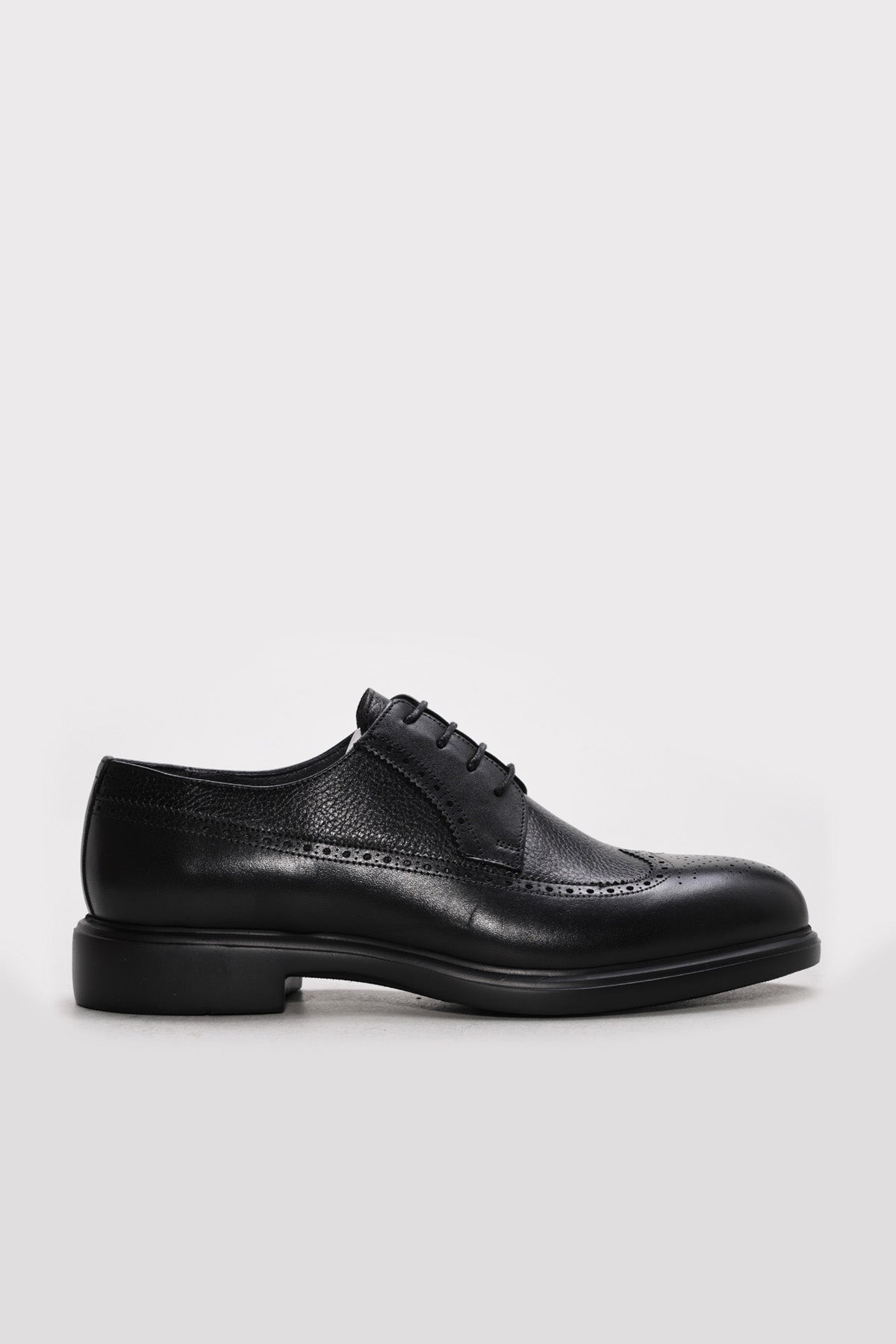 Men's black leather dress shoes with perforated toe, lace-up design, textured upper