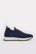 Blue textured leather slip-on sneakers with stretch collar and white rubber sole