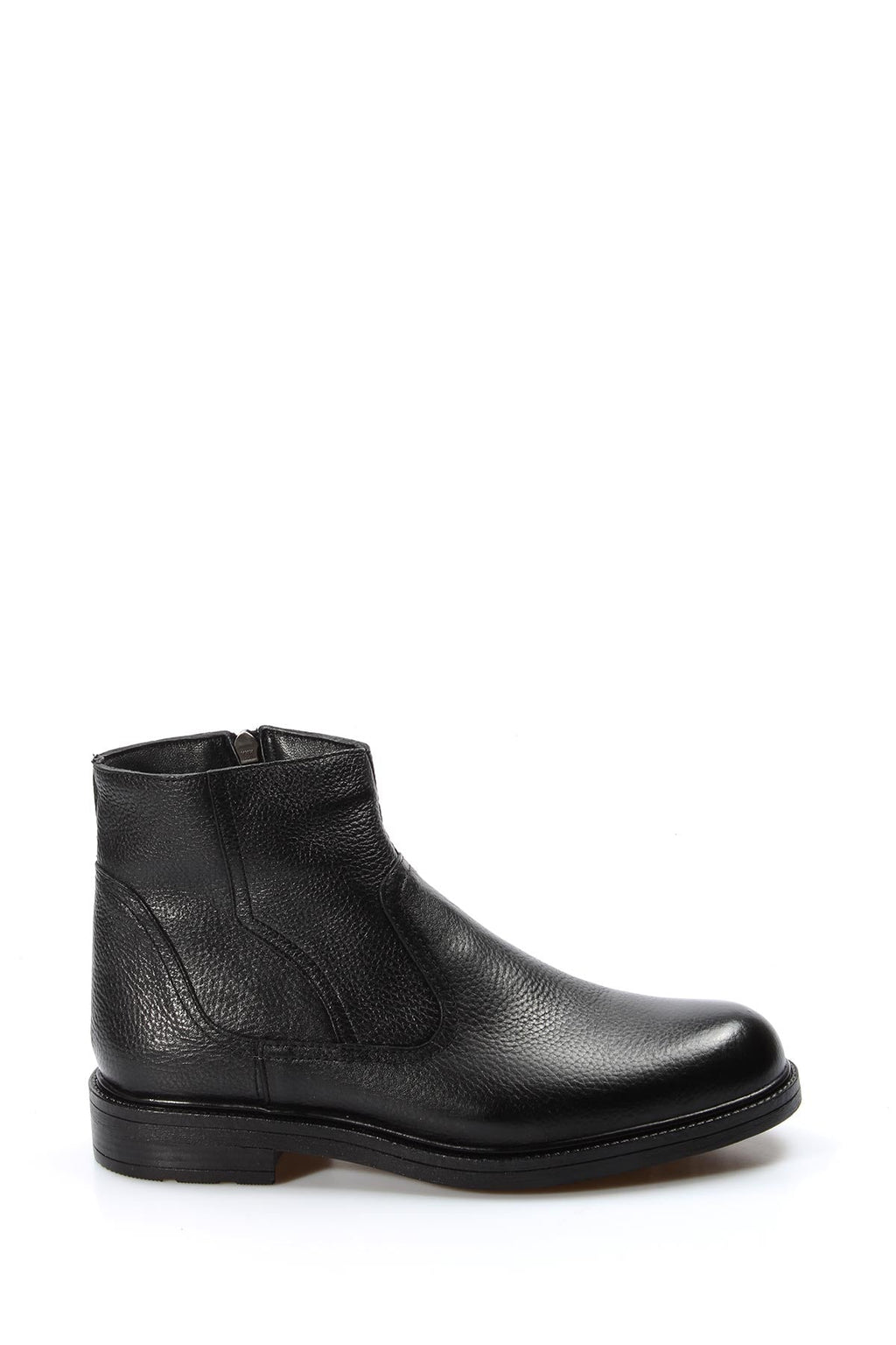 Men's black leather ankle boot with side zipper, side profile