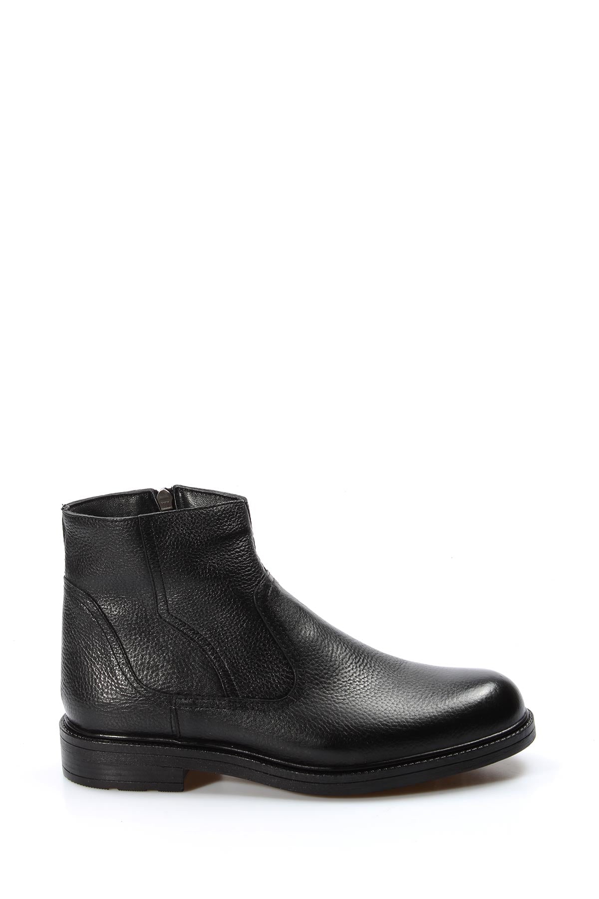 Men's black leather ankle boot with side zipper, side profile