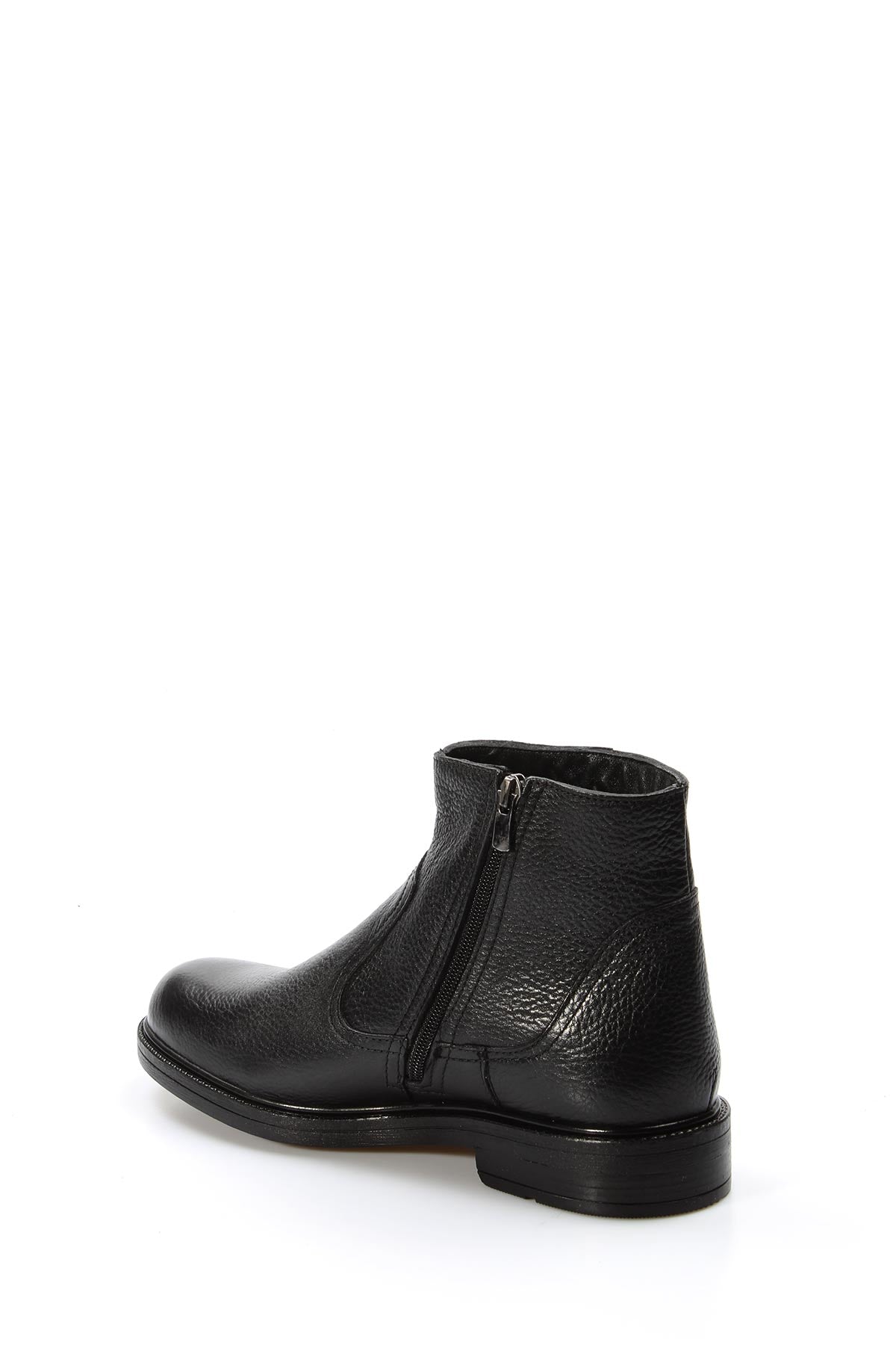 Men's black leather ankle boot with side zipper, rear-quarter view