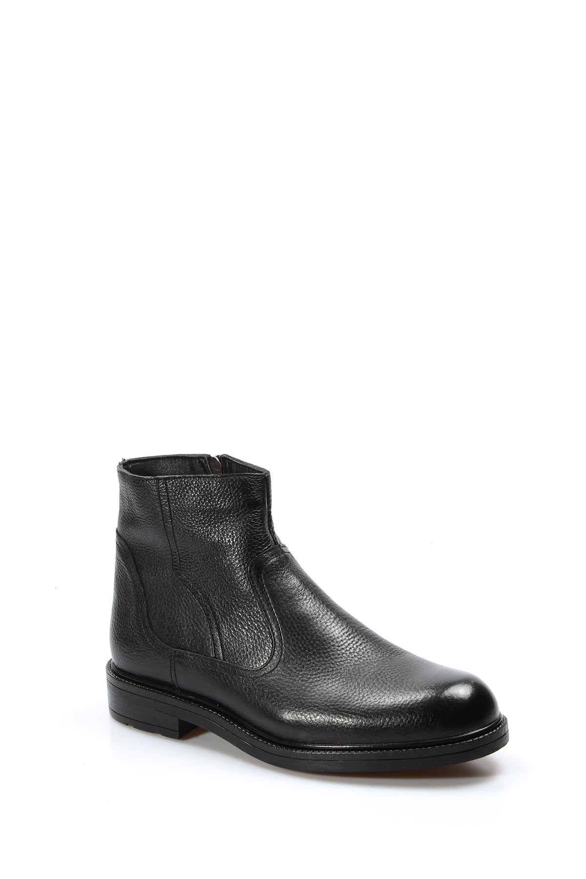 Men's black leather ankle boot with side zipper, front-side view