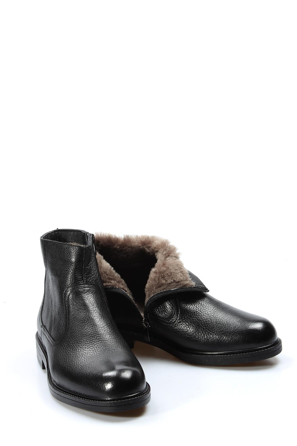 Men's black leather ankle boots with side zipper, faux-fur lining detail
