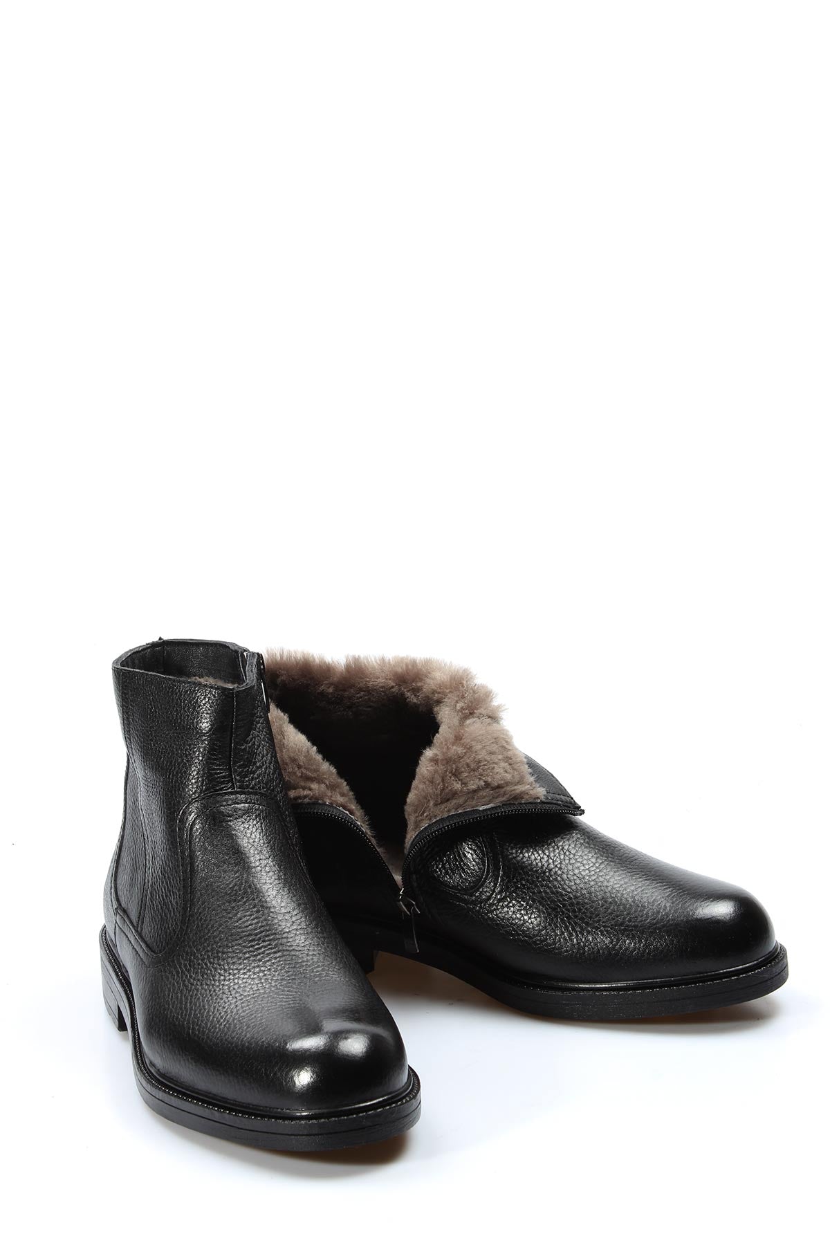Men's black leather ankle boots with side zipper, faux-fur lining detail