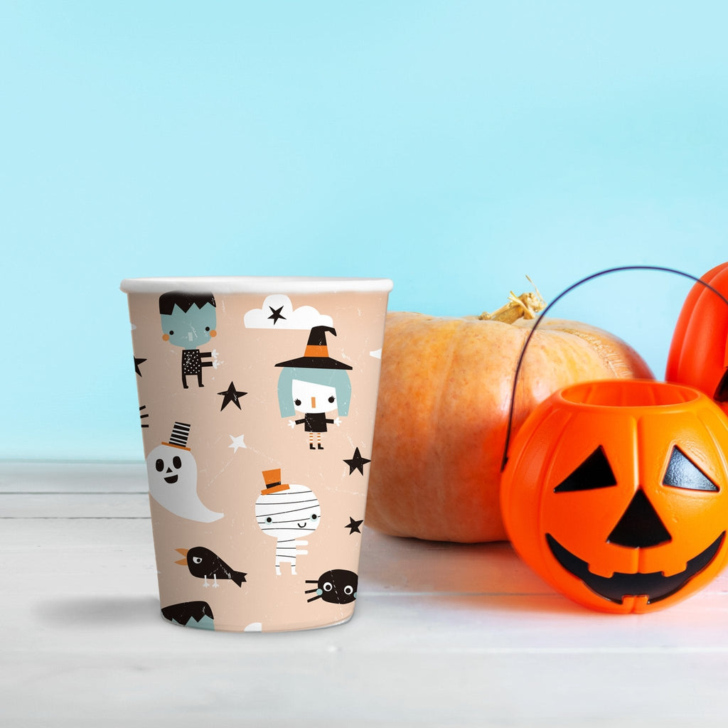 Halloween themed paper cup, peach with spooky characters and jack-o-lantern