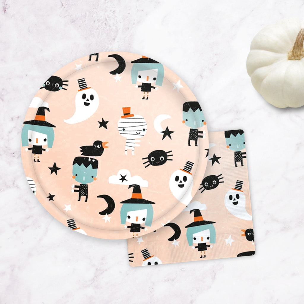 Halloween paper plate and napkin set, peach with spooky characters like ghosts and bats