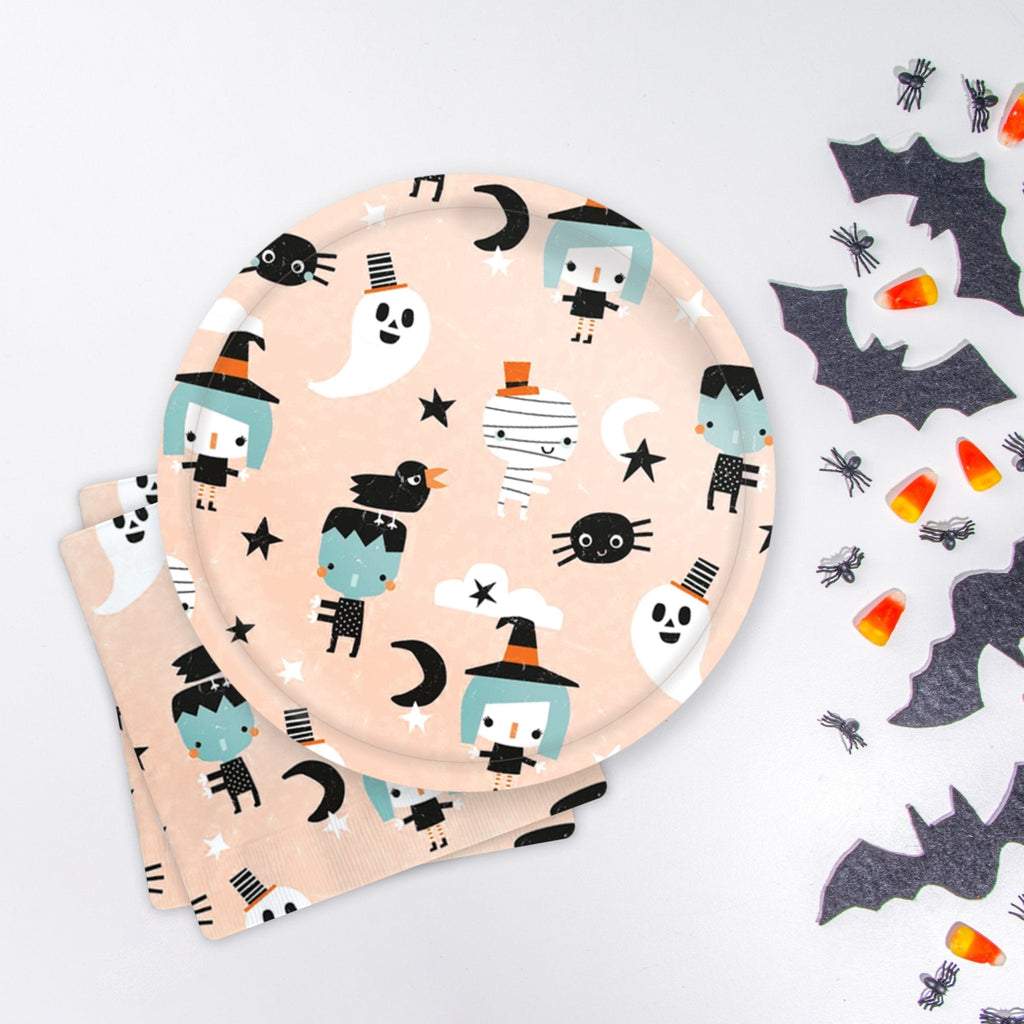 Halloween character paper plate and napkin, peach with ghosts, bats, cats, and pumpkins