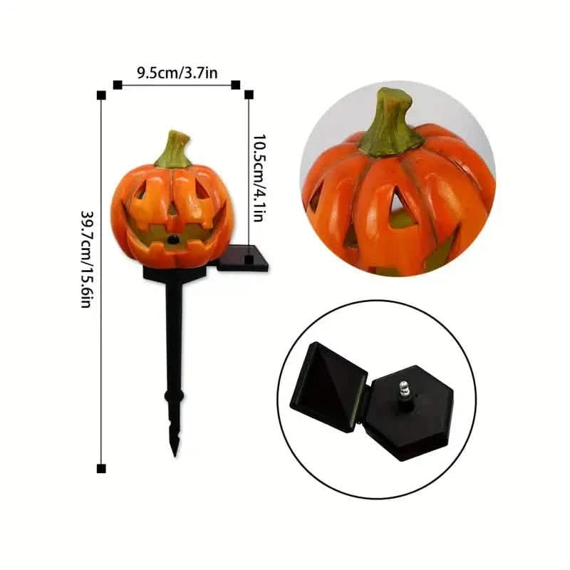 Jack-o'-lantern solar stake light diagram showing dimensions and switch components