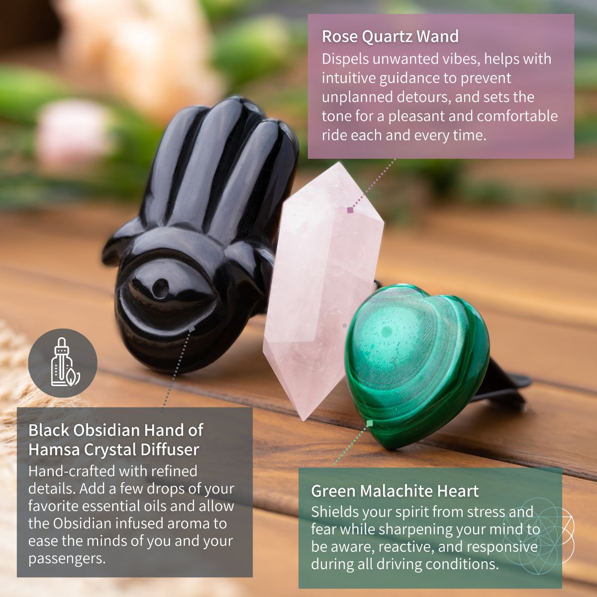 Black hamsa crystal car diffuser with pink wand and green heart-shaped malachite crystal