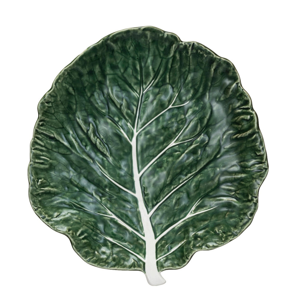Green cabbage leaf-shaped ceramic plate with hand-painted veining