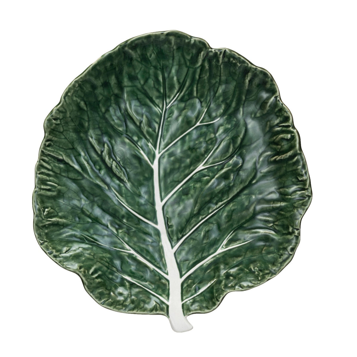 Green cabbage leaf-shaped ceramic plate with hand-painted veining