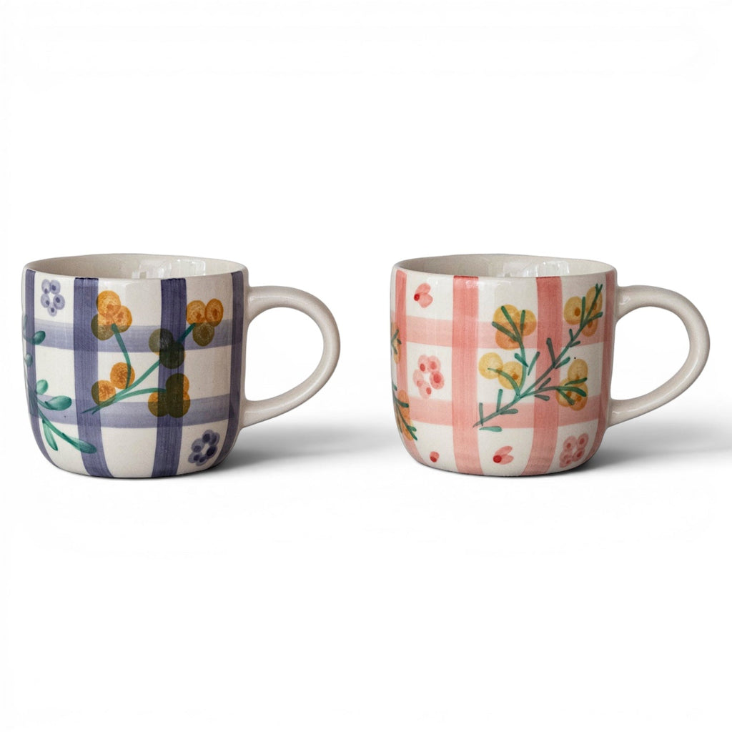 Ceramic mug set of two: blue grid botanical pattern and pink floral check pattern