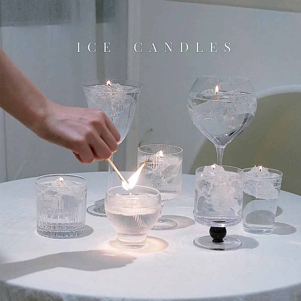 Iceberg-shaped jelly wax candle cups, clear holders with lit wicks