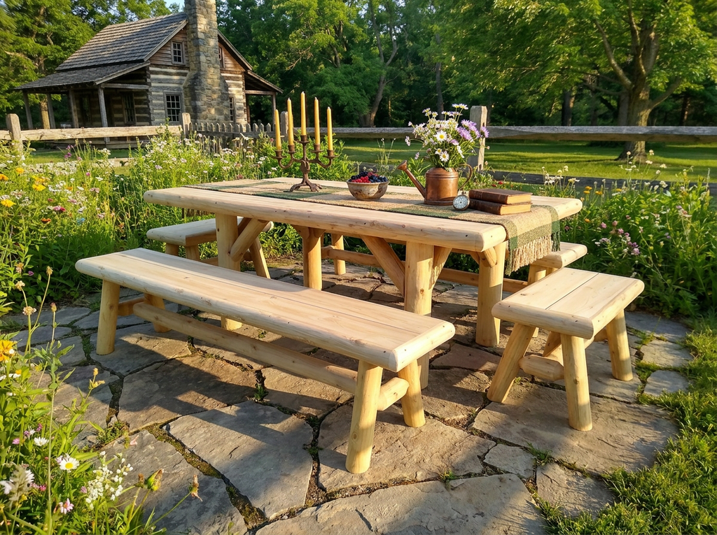 Wooden outdoor picnic table with two benches and potted flowers on tabletop